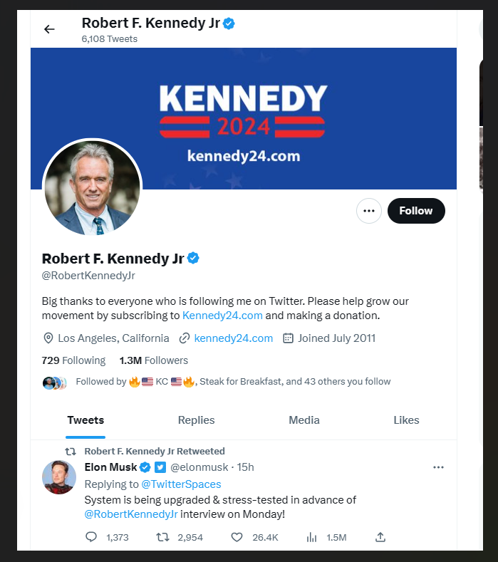 Facebook Owned Instagram Bans RFK Jr.’s Campaign Account so Elon Invites him over to Twitter
